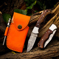 Personalized Handmade 6.75"Damascus Steel Pocket Knife, Folding EDC Hunting Knife, Wood Handle, Groomsmen Gift With Leather Sheath