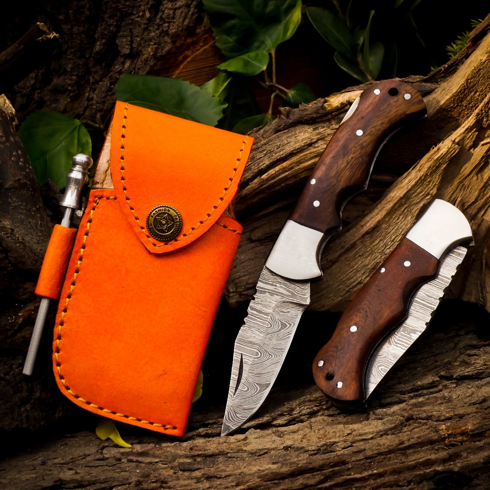 Personalized Handmade 6.75"Damascus Steel Pocket Knife, Folding EDC Hunting Knife, Wood Handle, Groomsmen Gift With Leather Sheath