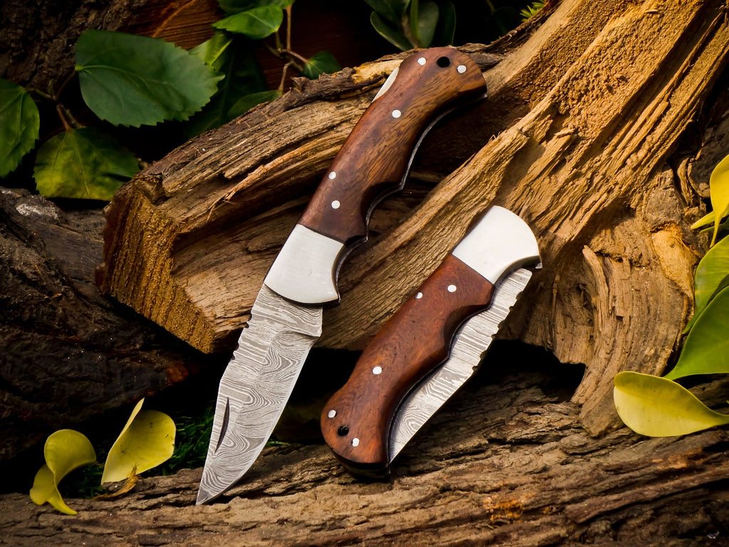 Personalized Handmade 6.75"Damascus Steel Pocket Knife, Folding EDC Hunting Knife, Wood Handle, Groomsmen Gift With Leather Sheath