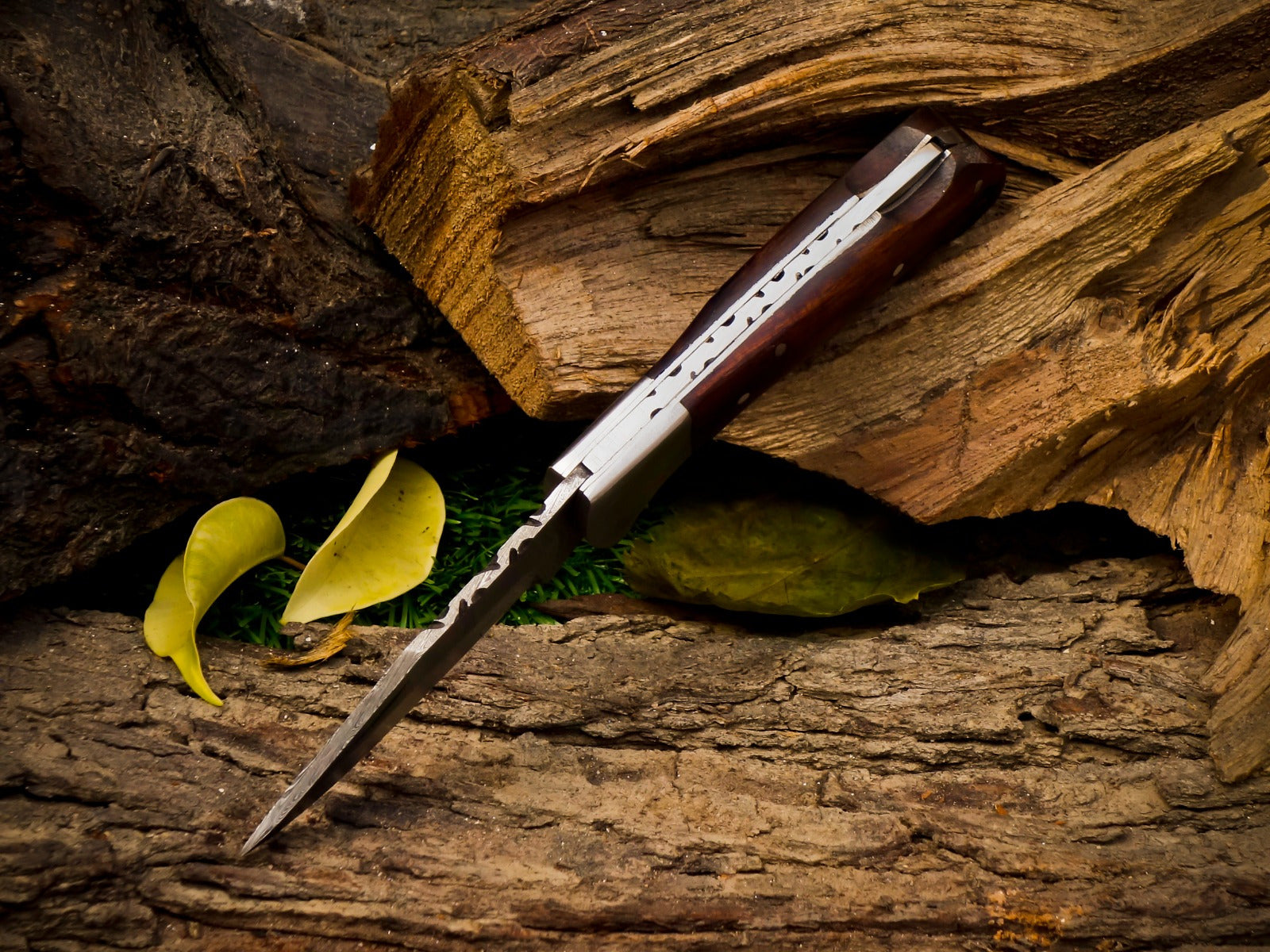 Personalized Handmade 6.75"Damascus Steel Pocket Knife, Folding EDC Hunting Knife, Wood Handle, Groomsmen Gift With Leather Sheath