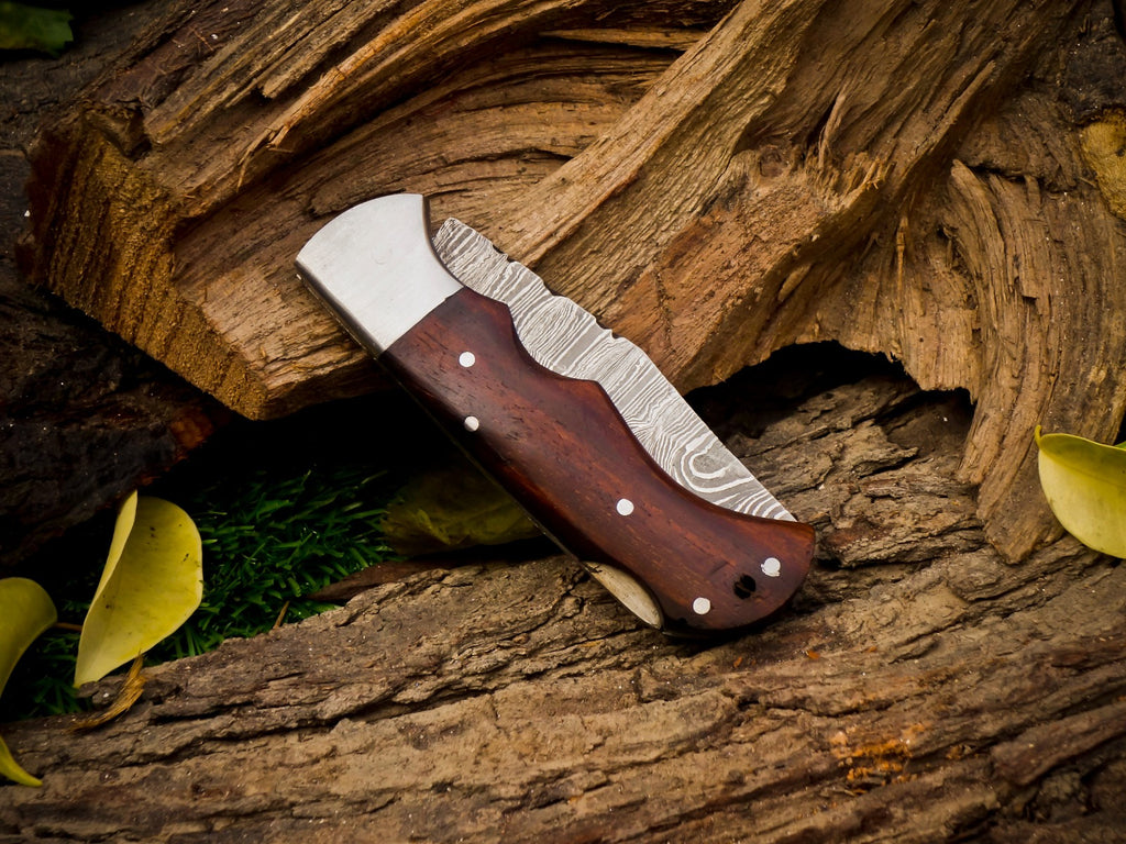 Personalized Handmade 6.75"Damascus Steel Pocket Knife, Folding EDC Hunting Knife, Wood Handle, Groomsmen Gift With Leather Sheath