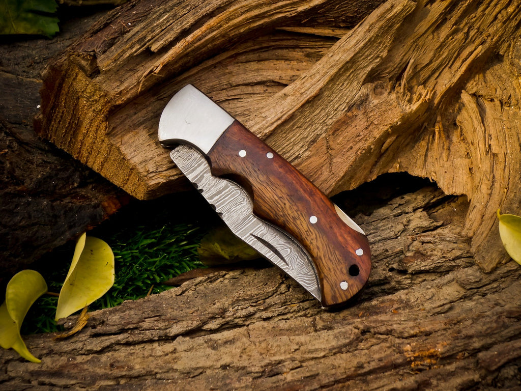 Personalized Handmade 6.75"Damascus Steel Pocket Knife, Folding EDC Hunting Knife, Wood Handle, Groomsmen Gift With Leather Sheath
