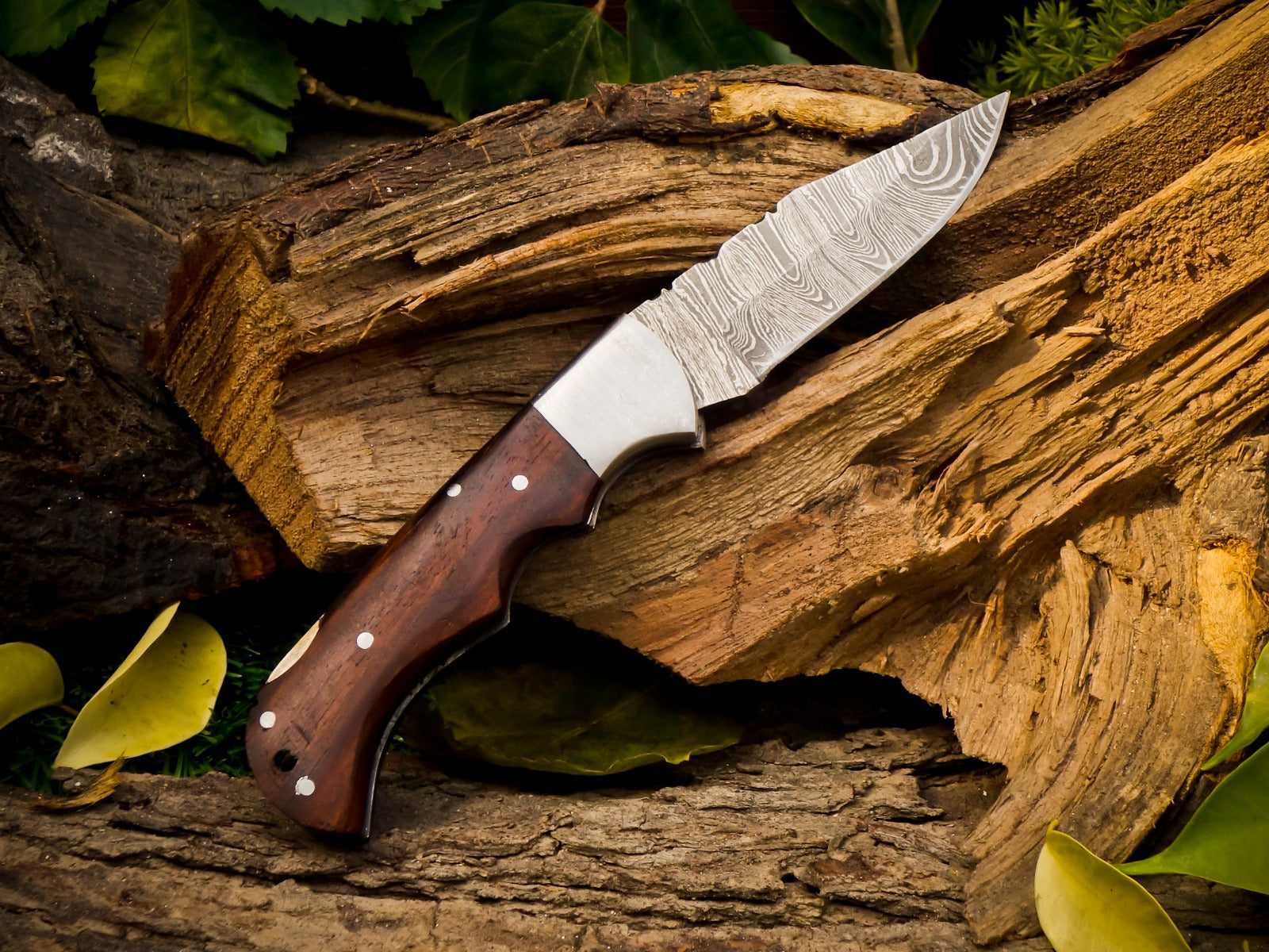 Personalized Handmade 6.75"Damascus Steel Pocket Knife, Folding EDC Hunting Knife, Wood Handle, Groomsmen Gift With Leather Sheath