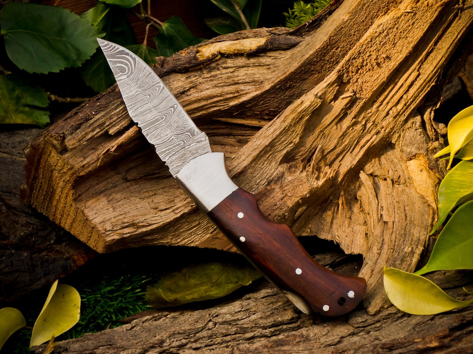 Personalized Handmade 6.75"Damascus Steel Pocket Knife, Folding EDC Hunting Knife, Wood Handle, Groomsmen Gift With Leather Sheath