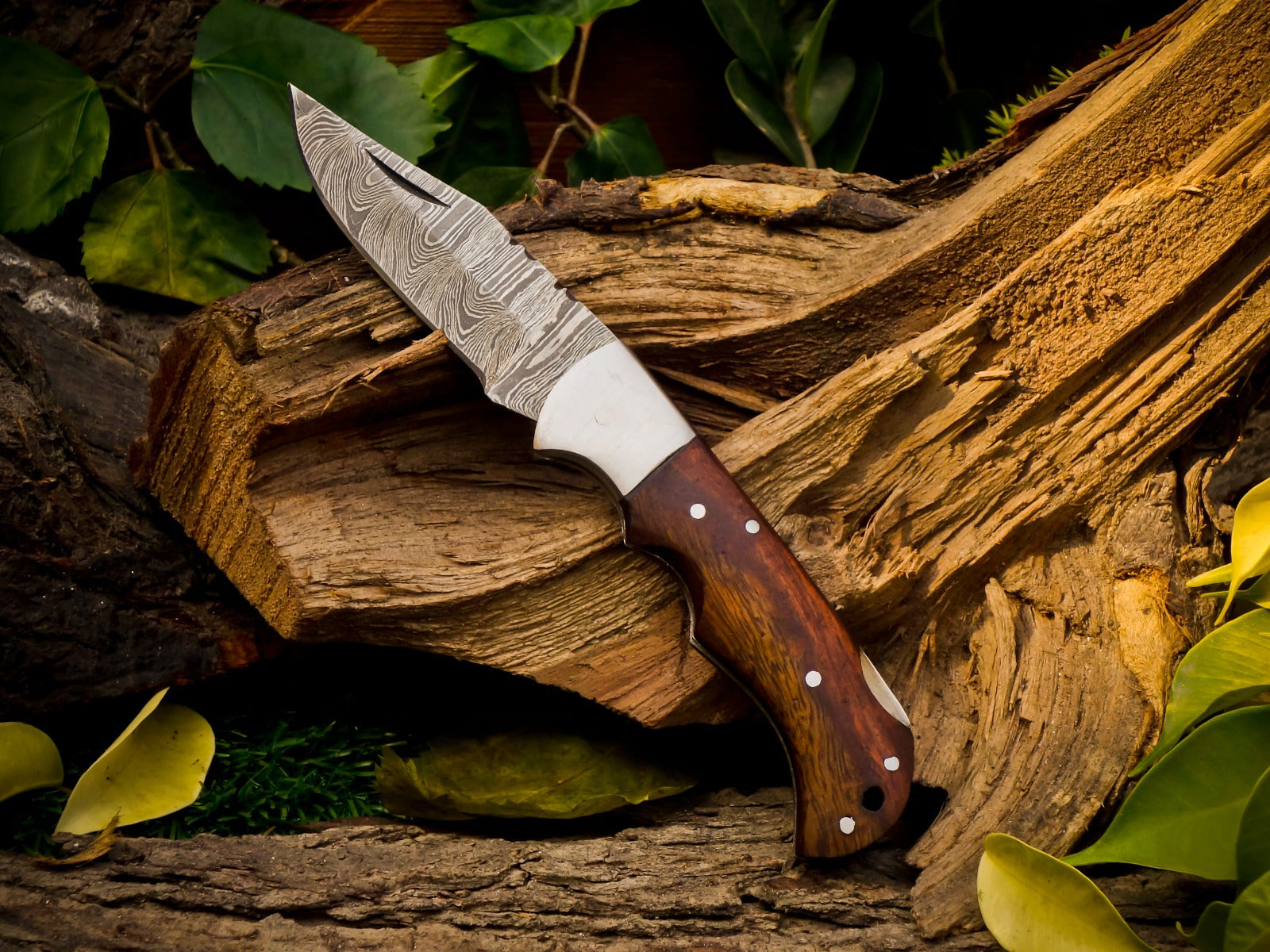 Personalized Handmade 6.75"Damascus Steel Pocket Knife, Folding EDC Hunting Knife, Wood Handle, Groomsmen Gift With Leather Sheath