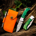 Personalized Handmade 6.75"Damascus Steel Pocket Knife, Folding EDC Hunting Knife, Wood Handle, Groomsmen Gift With Leather Sheath