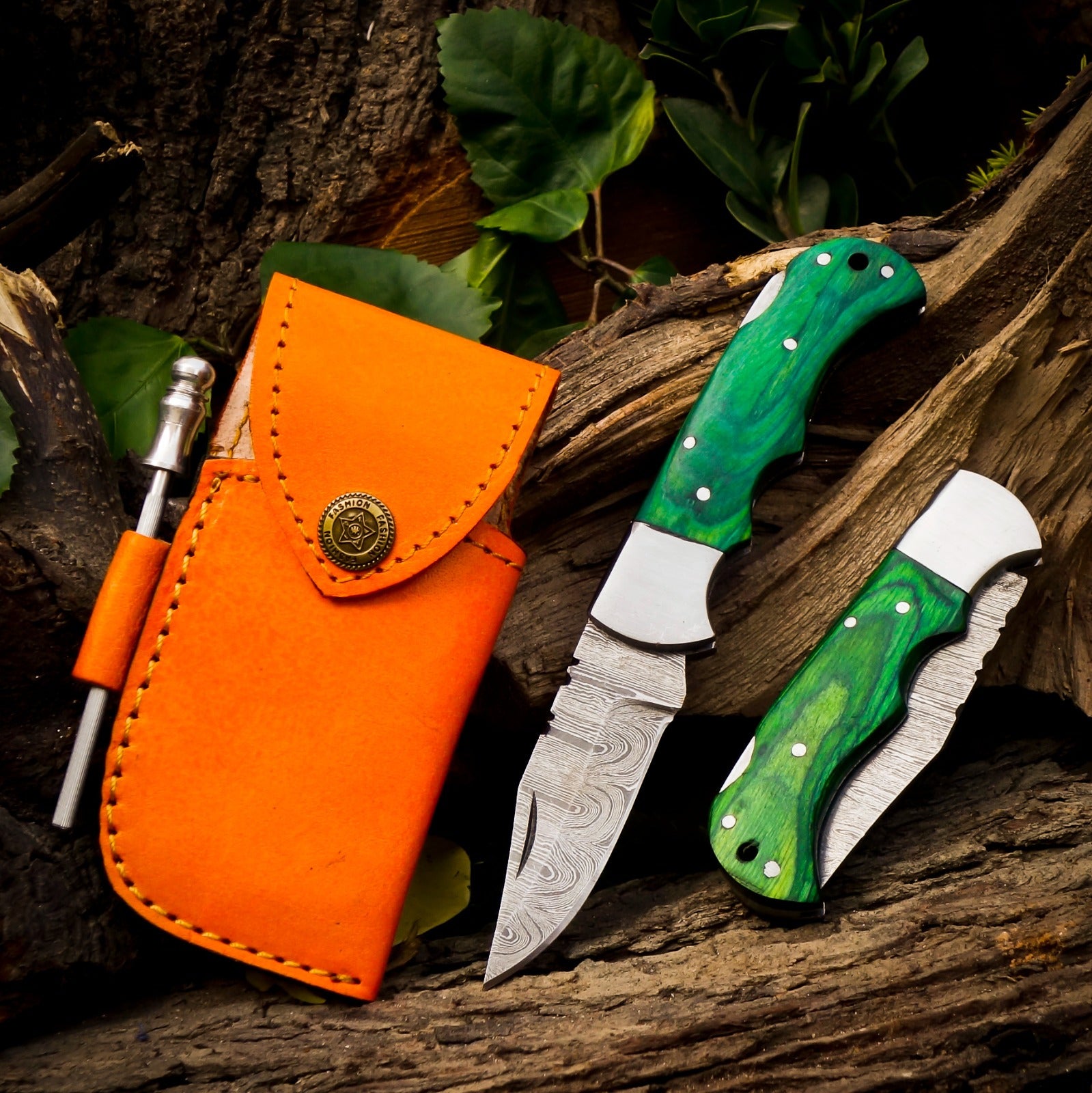 Personalized Handmade 6.75"Damascus Steel Pocket Knife, Folding EDC Hunting Knife, Wood Handle, Groomsmen Gift With Leather Sheath