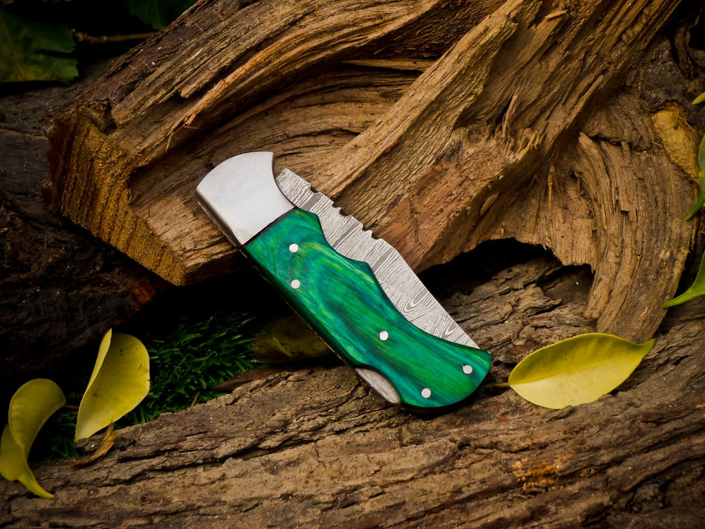 Personalized Handmade 6.75"Damascus Steel Pocket Knife, Folding EDC Hunting Knife, Wood Handle, Groomsmen Gift With Leather Sheath