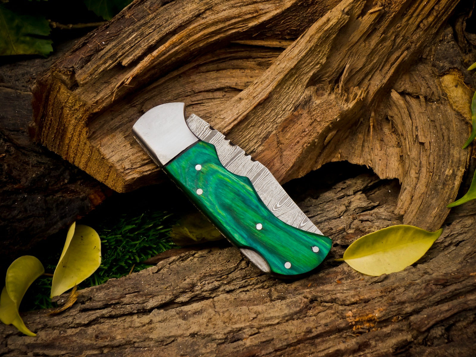 Personalized Handmade 6.75"Damascus Steel Pocket Knife, Folding EDC Hunting Knife, Wood Handle, Groomsmen Gift With Leather Sheath