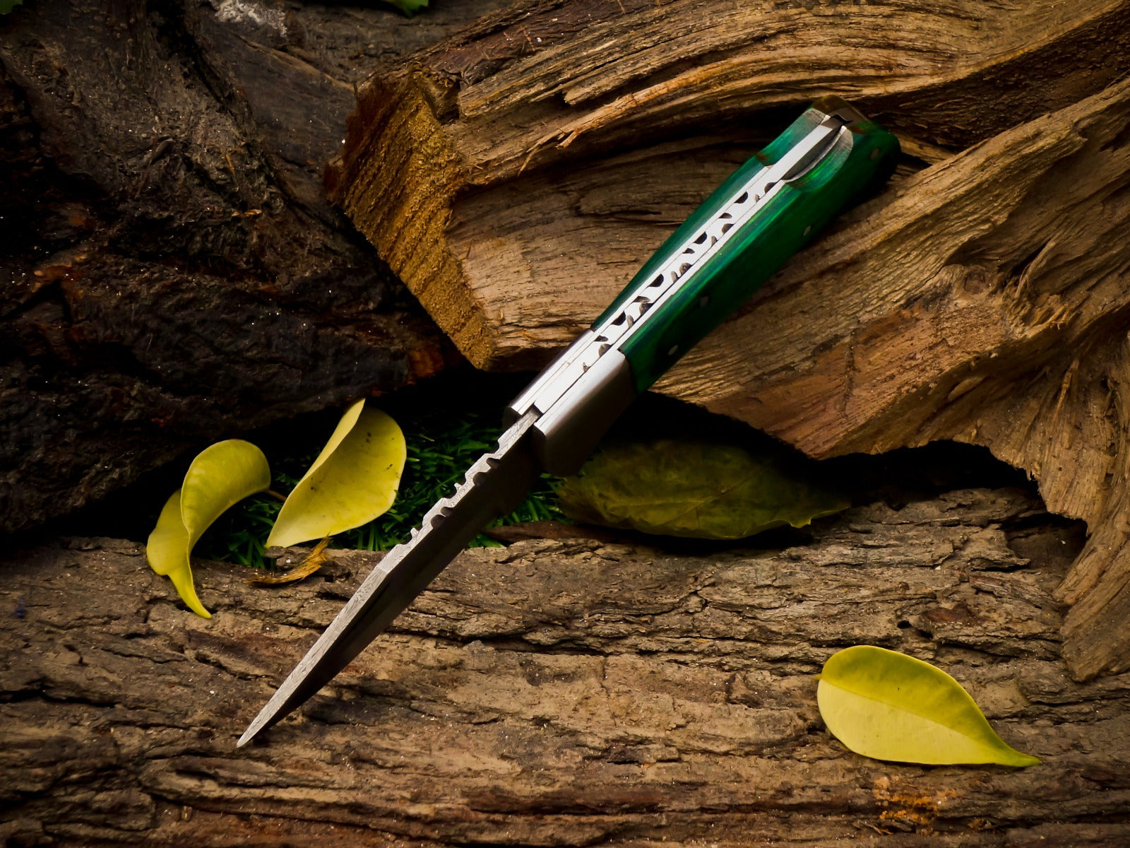 Personalized Handmade 6.75"Damascus Steel Pocket Knife, Folding EDC Hunting Knife, Wood Handle, Groomsmen Gift With Leather Sheath