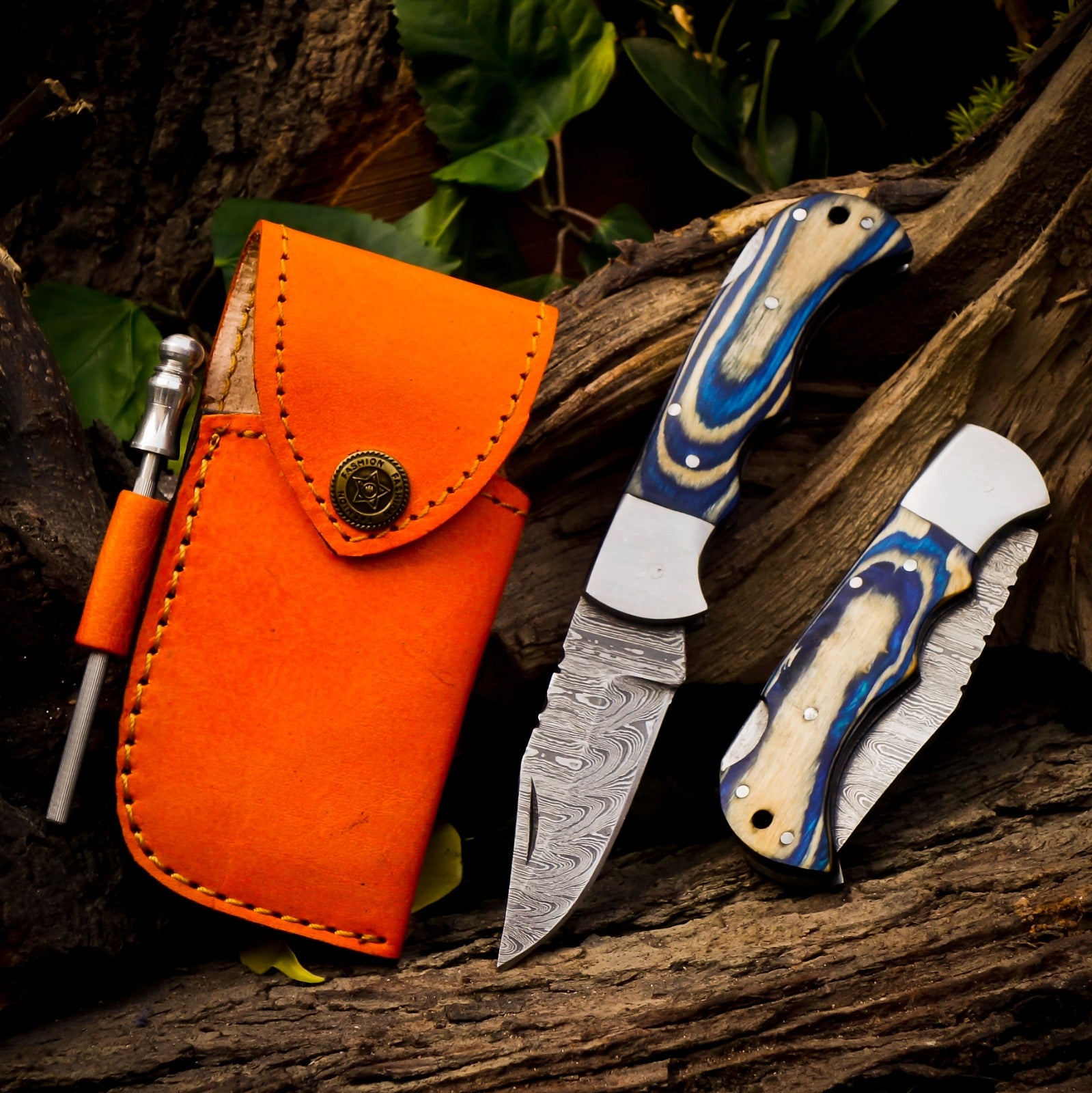 Personalized Handmade 6.75"Damascus Steel Pocket Knife, Folding EDC Hunting Knife, Wood Handle, Groomsmen Gift With Leather Sheath