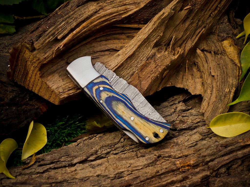 Personalized Handmade 6.75"Damascus Steel Pocket Knife, Folding EDC Hunting Knife, Wood Handle, Groomsmen Gift With Leather Sheath