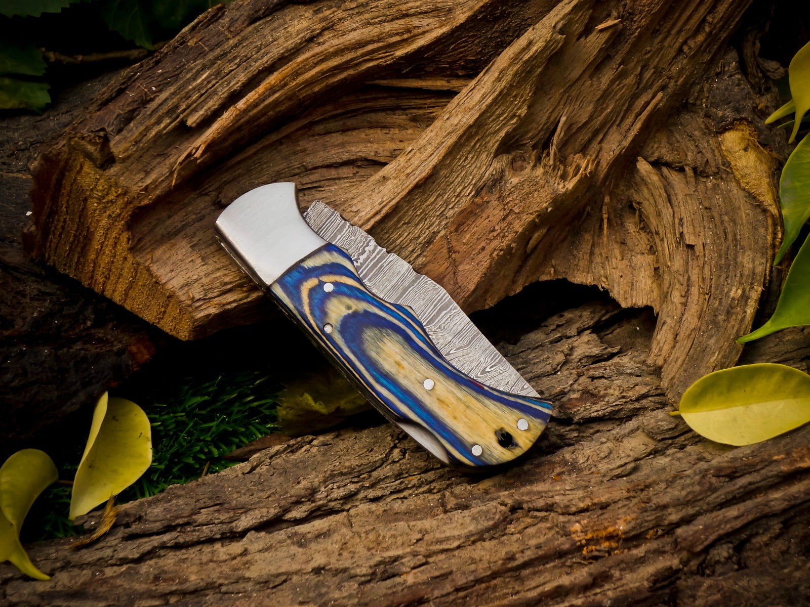 Personalized Handmade 6.75"Damascus Steel Pocket Knife, Folding EDC Hunting Knife, Wood Handle, Groomsmen Gift With Leather Sheath