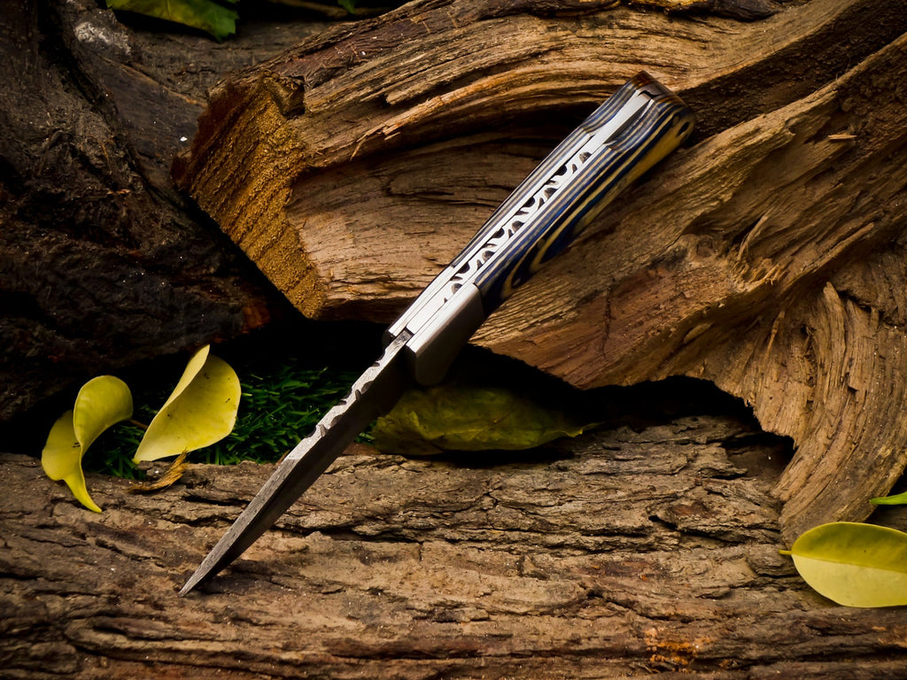 Personalized Handmade 6.75"Damascus Steel Pocket Knife, Folding EDC Hunting Knife, Wood Handle, Groomsmen Gift With Leather Sheath