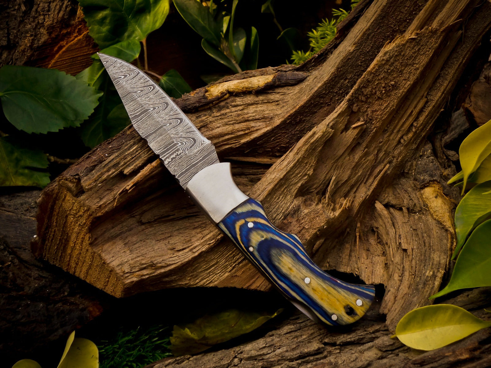 Personalized Handmade 6.75"Damascus Steel Pocket Knife, Folding EDC Hunting Knife, Wood Handle, Groomsmen Gift With Leather Sheath