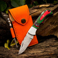 Personalized Handmade 6.75"Damascus Steel Pocket Knife, Folding EDC Hunting Knife, Wood Handle, Groomsmen Gift With Leather Sheath