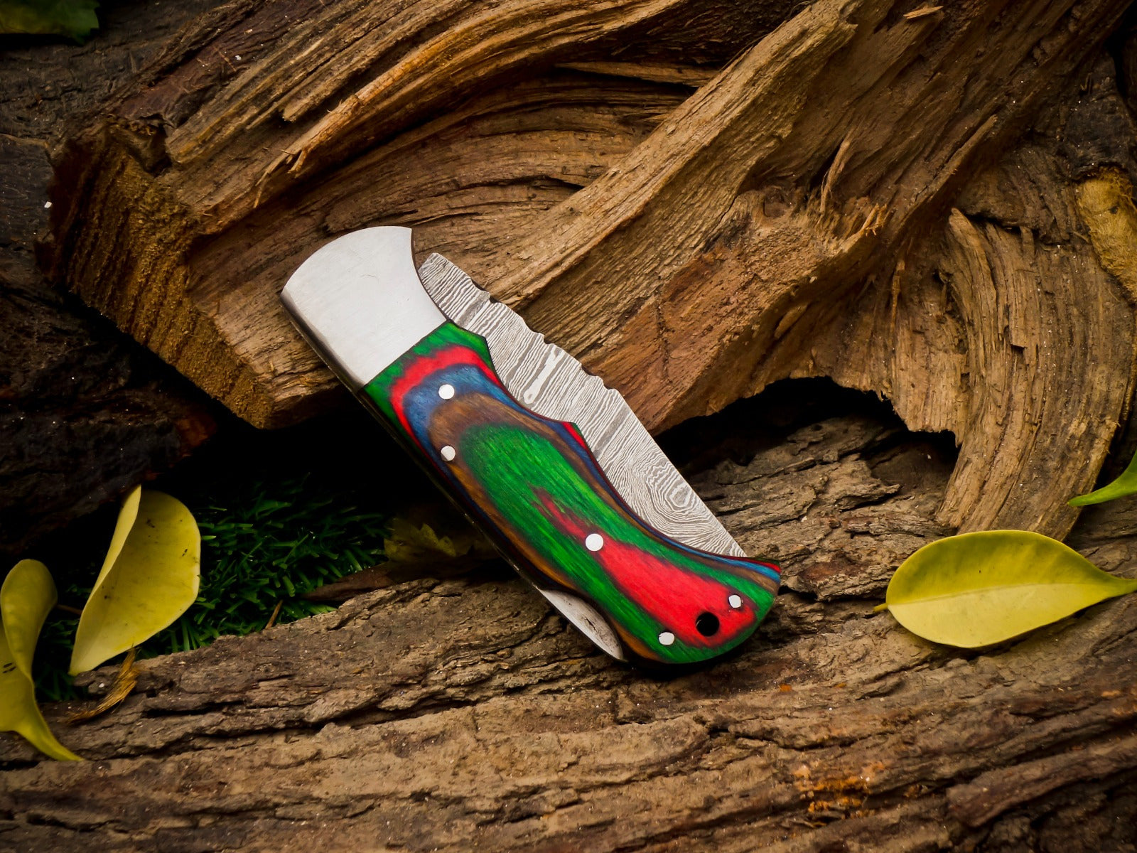 Personalized Handmade 6.75"Damascus Steel Pocket Knife, Folding EDC Hunting Knife, Wood Handle, Groomsmen Gift With Leather Sheath