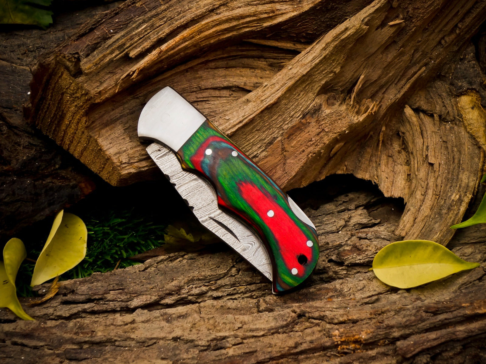 Personalized Handmade 6.75"Damascus Steel Pocket Knife, Folding EDC Hunting Knife, Wood Handle, Groomsmen Gift With Leather Sheath