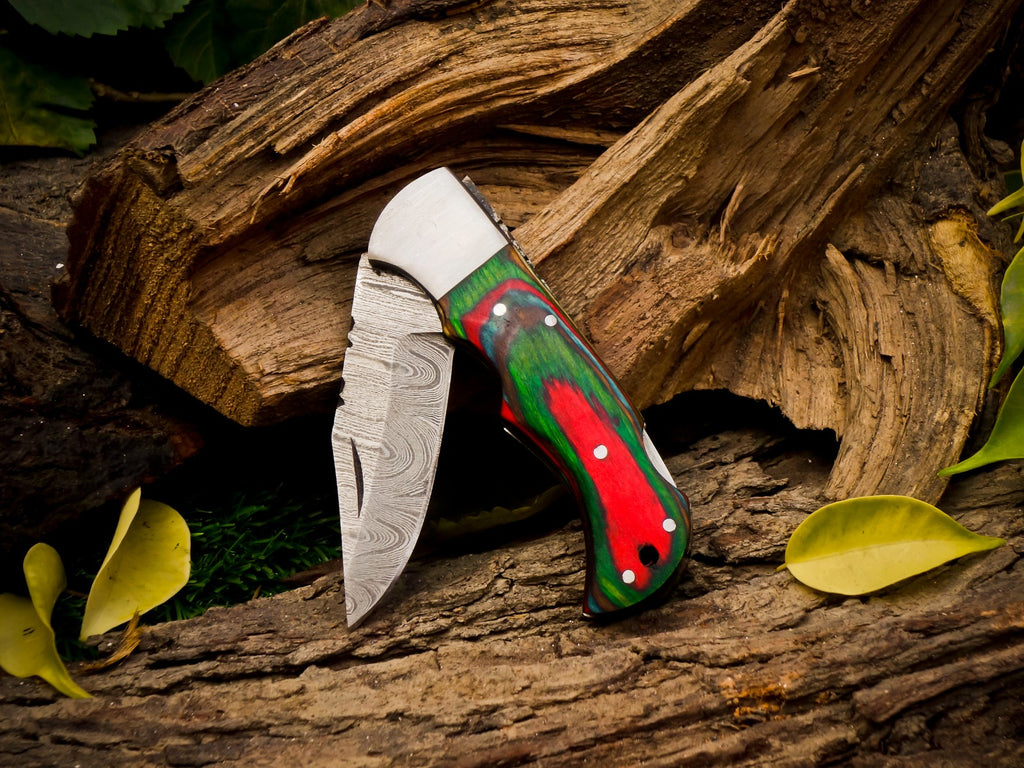 Personalized Handmade 6.75"Damascus Steel Pocket Knife, Folding EDC Hunting Knife, Wood Handle, Groomsmen Gift With Leather Sheath