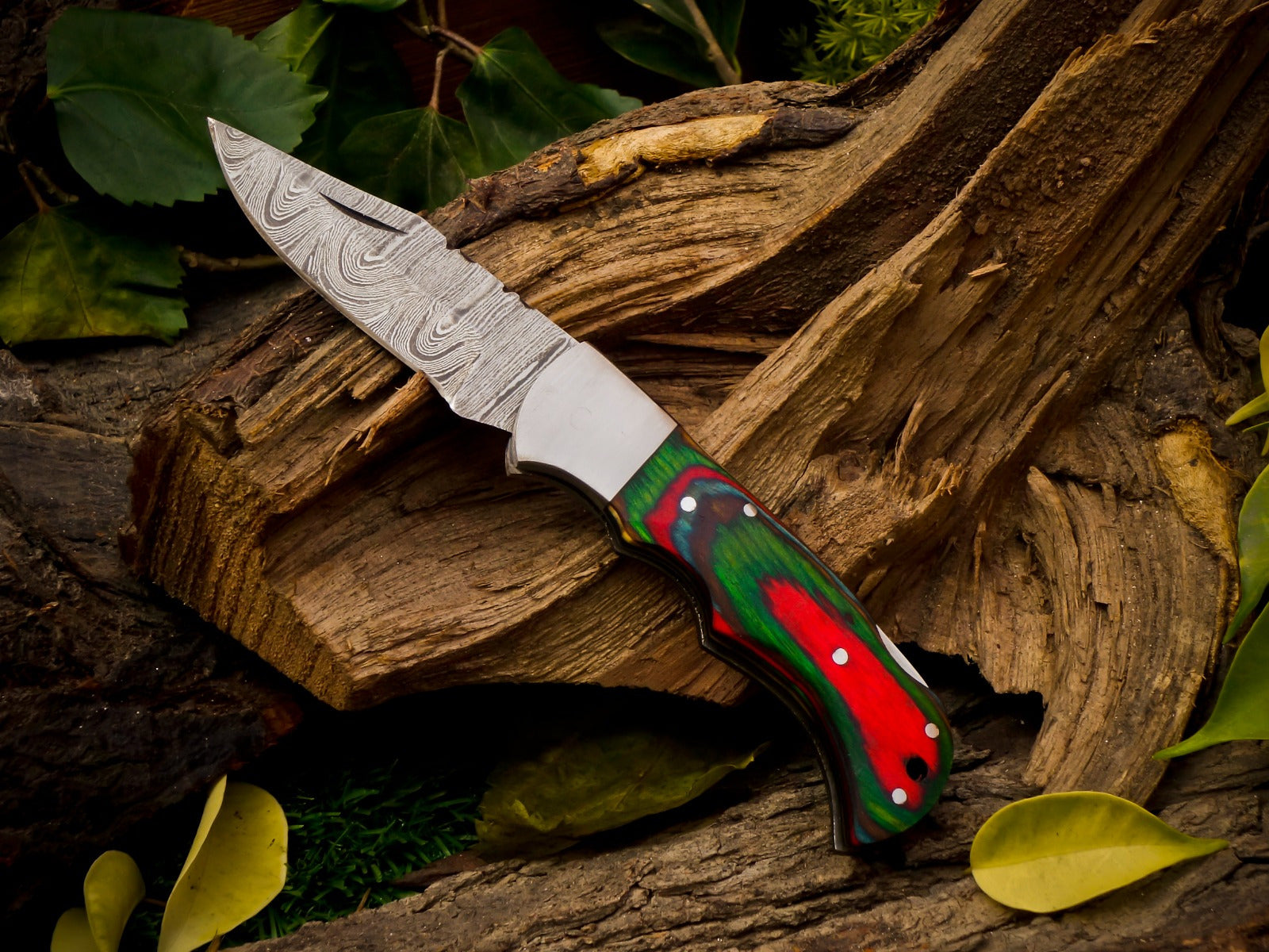 Personalized Handmade 6.75"Damascus Steel Pocket Knife, Folding EDC Hunting Knife, Wood Handle, Groomsmen Gift With Leather Sheath