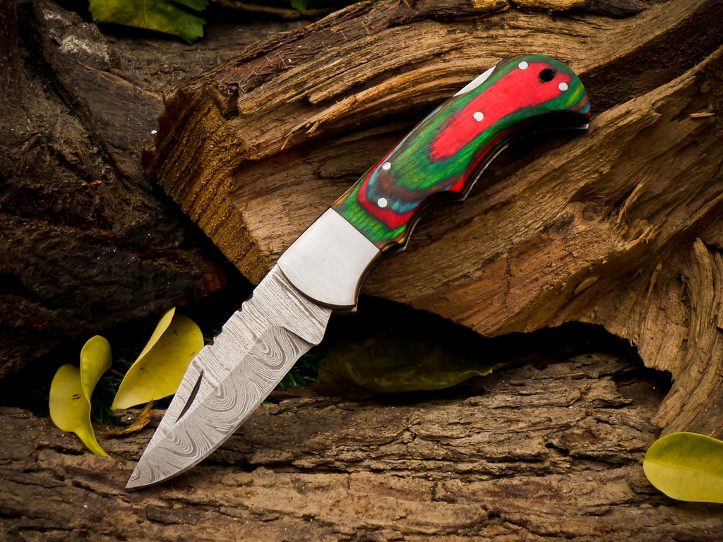 Personalized Handmade 6.75"Damascus Steel Pocket Knife, Folding EDC Hunting Knife, Wood Handle, Groomsmen Gift With Leather Sheath