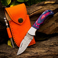 Personalized Handmade 6.75"Damascus Steel Pocket Knife, Folding EDC Hunting Knife, Wood Handle, Groomsmen Gift With Leather Sheath