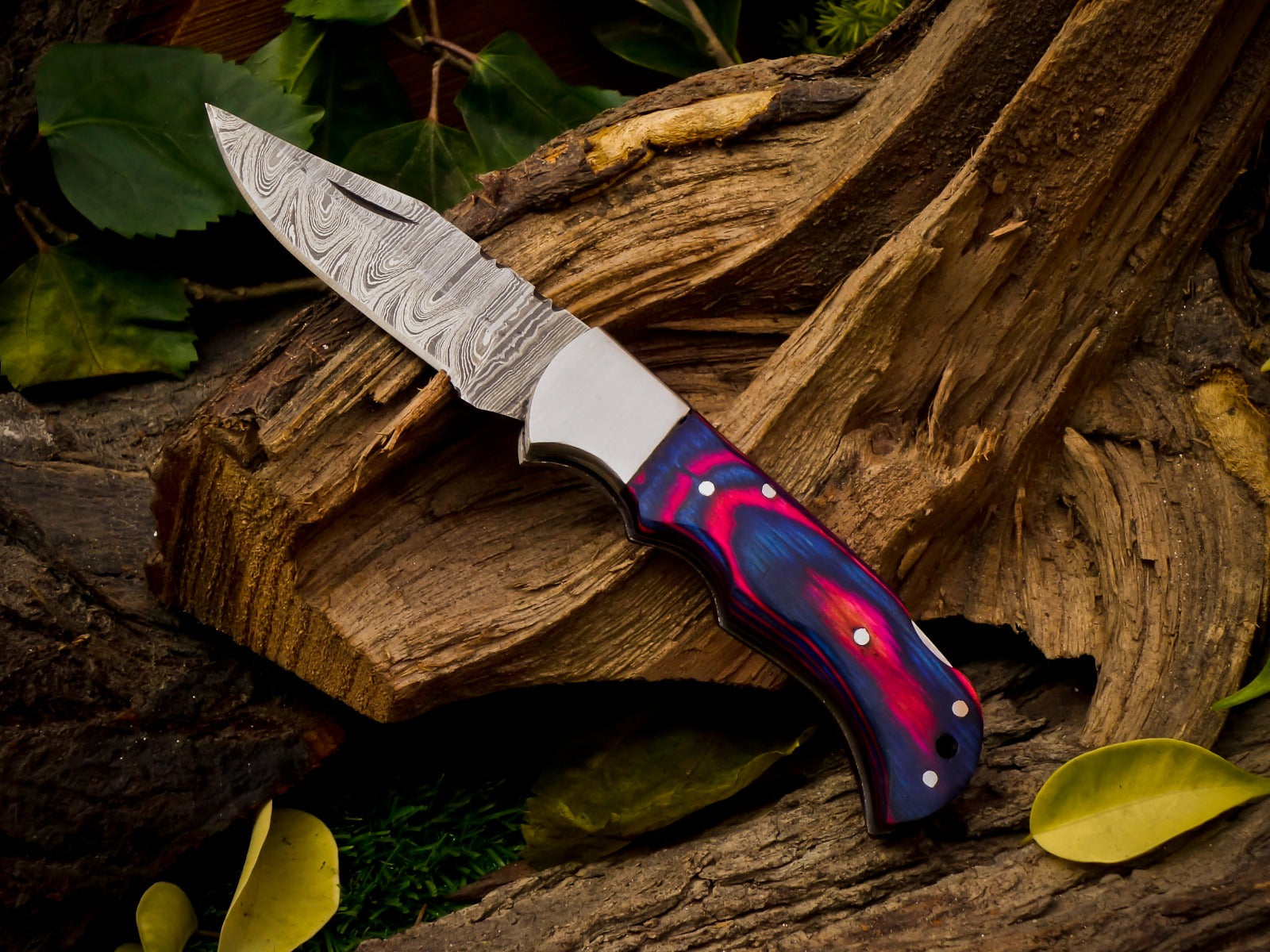 Personalized Handmade 6.75"Damascus Steel Pocket Knife, Folding EDC Hunting Knife, Wood Handle, Groomsmen Gift With Leather Sheath