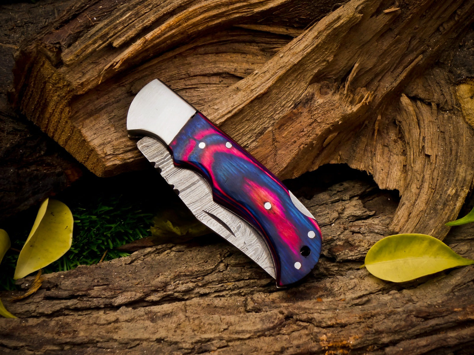 Personalized Handmade 6.75"Damascus Steel Pocket Knife, Folding EDC Hunting Knife, Wood Handle, Groomsmen Gift With Leather Sheath