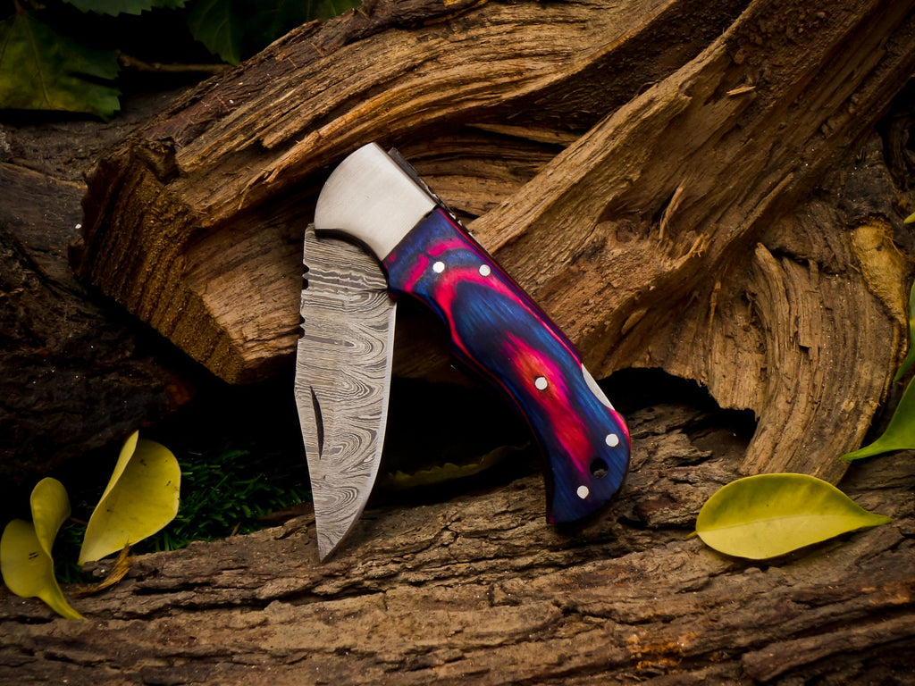 Personalized Handmade 6.75"Damascus Steel Pocket Knife, Folding EDC Hunting Knife, Wood Handle, Groomsmen Gift With Leather Sheath