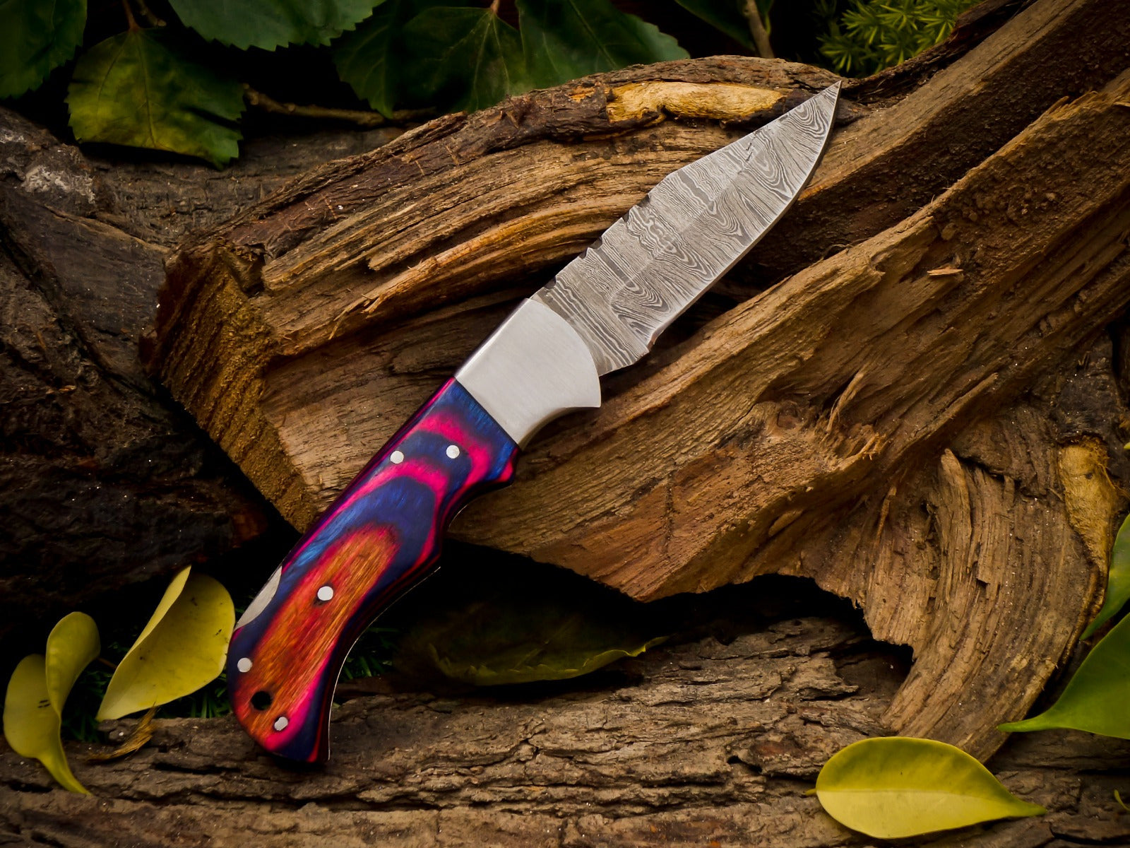 Personalized Handmade 6.75"Damascus Steel Pocket Knife, Folding EDC Hunting Knife, Wood Handle, Groomsmen Gift With Leather Sheath