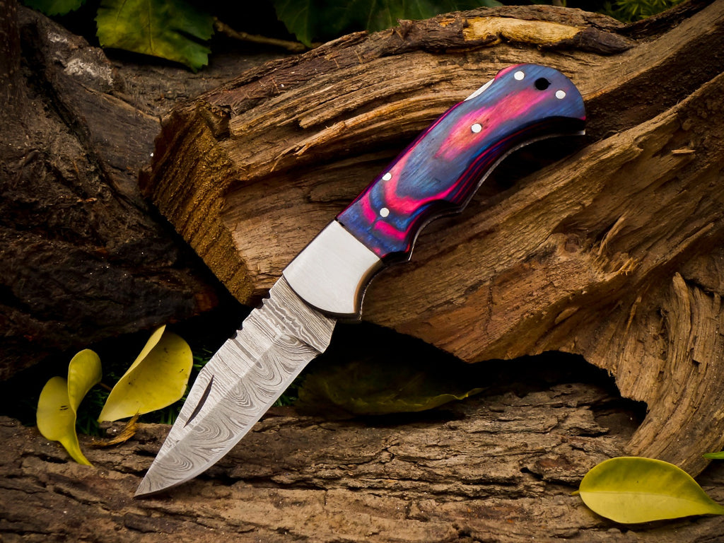 Personalized Handmade 6.75"Damascus Steel Pocket Knife, Folding EDC Hunting Knife, Wood Handle, Groomsmen Gift With Leather Sheath