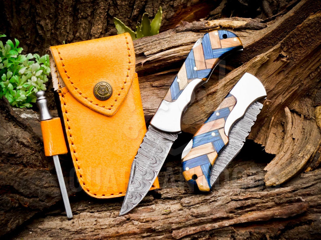 Personalized Handmade 6.75"Damascus Steel Pocket Knife, Folding EDC Hunting Knife, Wood Handle, Groomsmen Gift With Leather Sheath