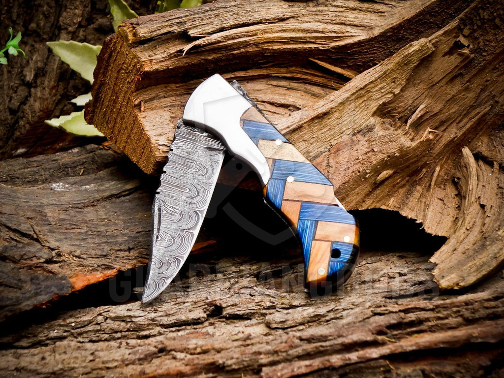 Personalized Handmade 6.75"Damascus Steel Pocket Knife, Folding EDC Hunting Knife, Wood Handle, Groomsmen Gift With Leather Sheath