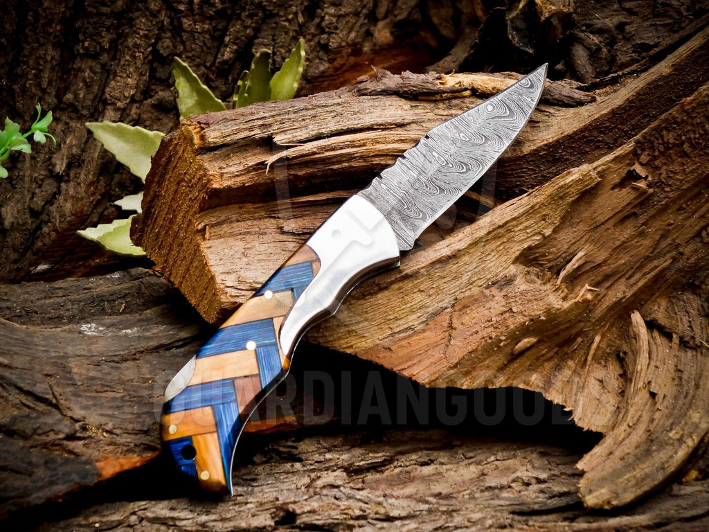 Personalized Handmade 6.75"Damascus Steel Pocket Knife, Folding EDC Hunting Knife, Wood Handle, Groomsmen Gift With Leather Sheath