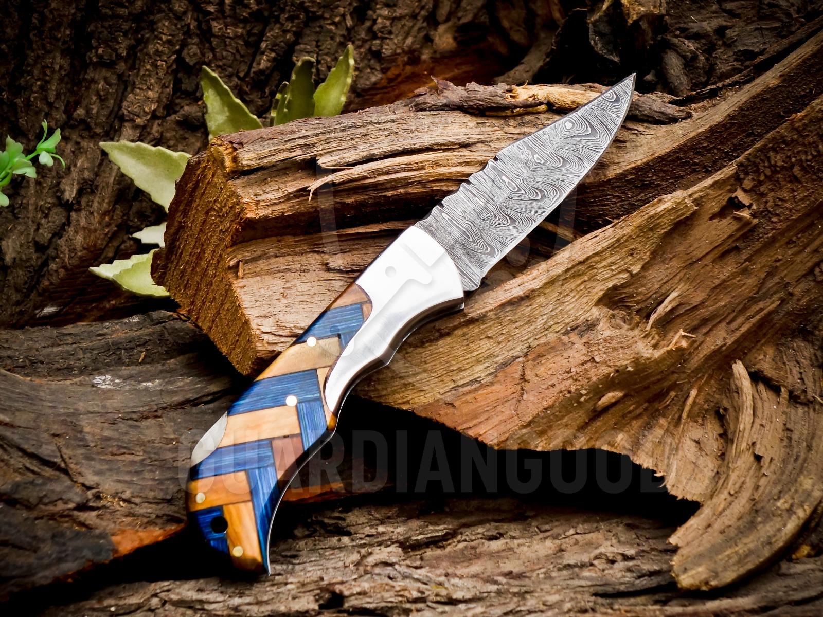 Personalized Handmade 6.75"Damascus Steel Pocket Knife, Folding EDC Hunting Knife, Wood Handle, Groomsmen Gift With Leather Sheath