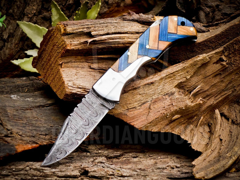 Personalized Handmade 6.75"Damascus Steel Pocket Knife, Folding EDC Hunting Knife, Wood Handle, Groomsmen Gift With Leather Sheath