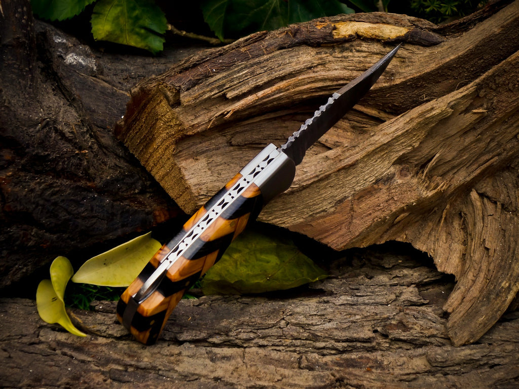 Personalized Handmade 6.75"Damascus Steel Pocket Knife, Folding EDC Hunting Knife, Wood and Resin Handle, Groomsmen Gift With Leather Sheath (Copy)