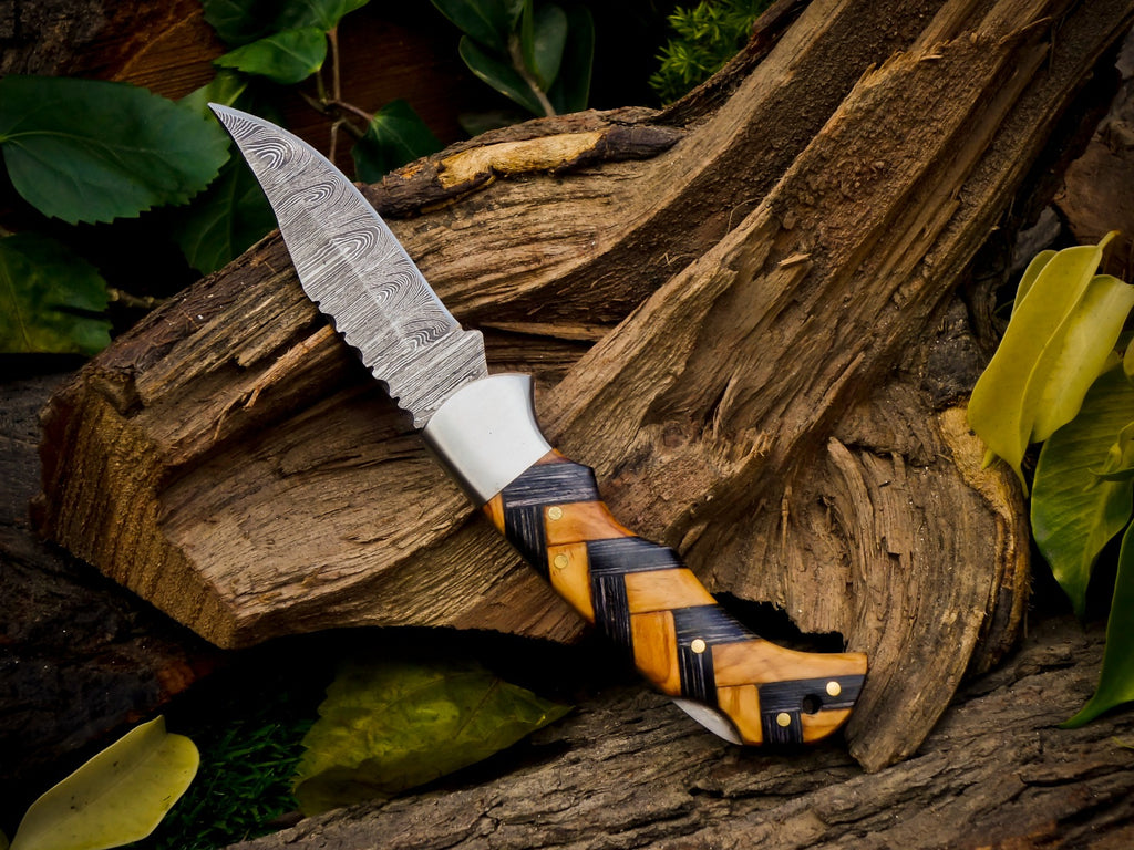 Personalized Handmade 6.75"Damascus Steel Pocket Knife, Folding EDC Hunting Knife, Wood and Resin Handle, Groomsmen Gift With Leather Sheath (Copy)