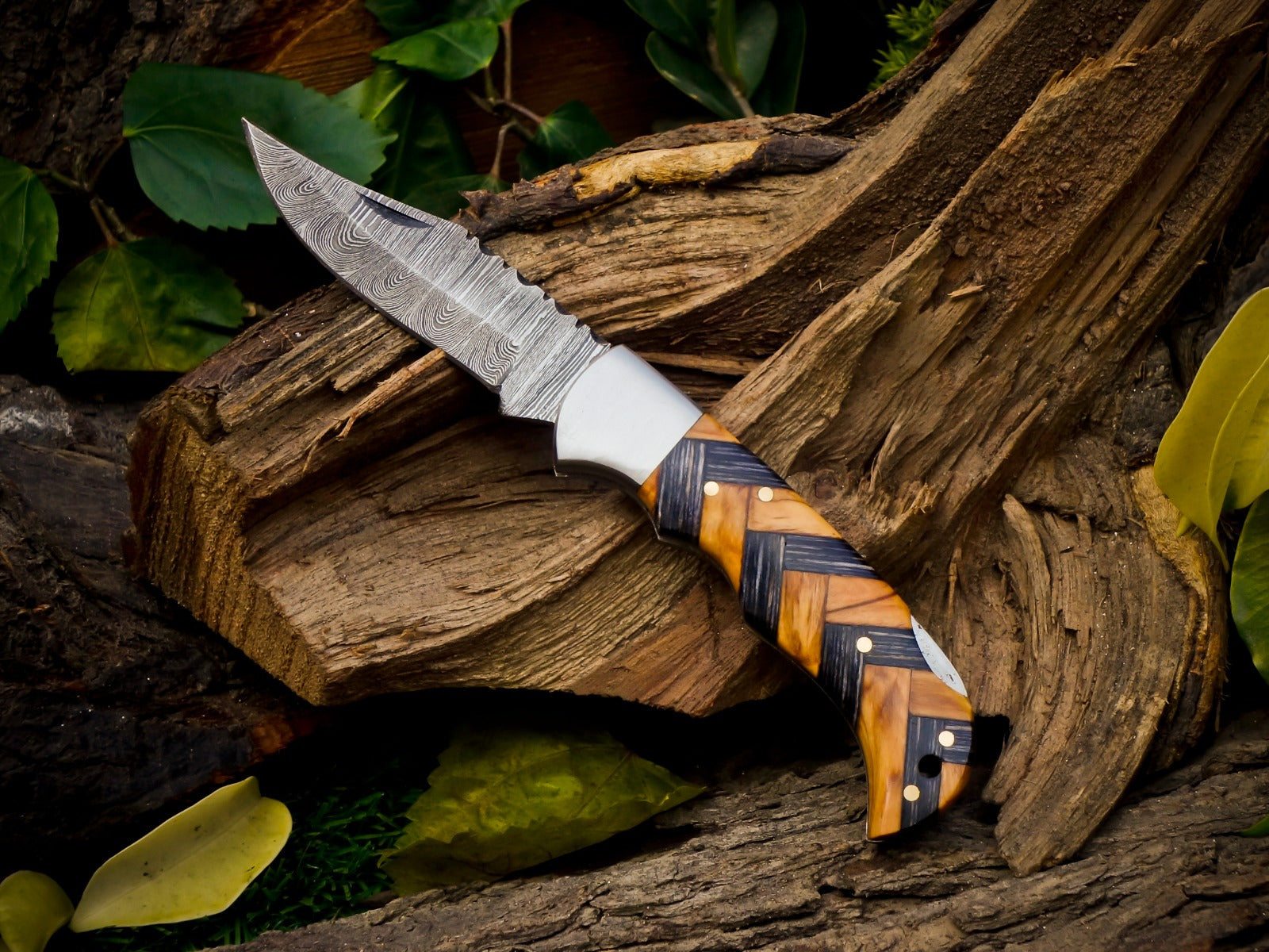 Personalized Handmade 6.75"Damascus Steel Pocket Knife, Folding EDC Hunting Knife, Wood and Resin Handle, Groomsmen Gift With Leather Sheath (Copy)