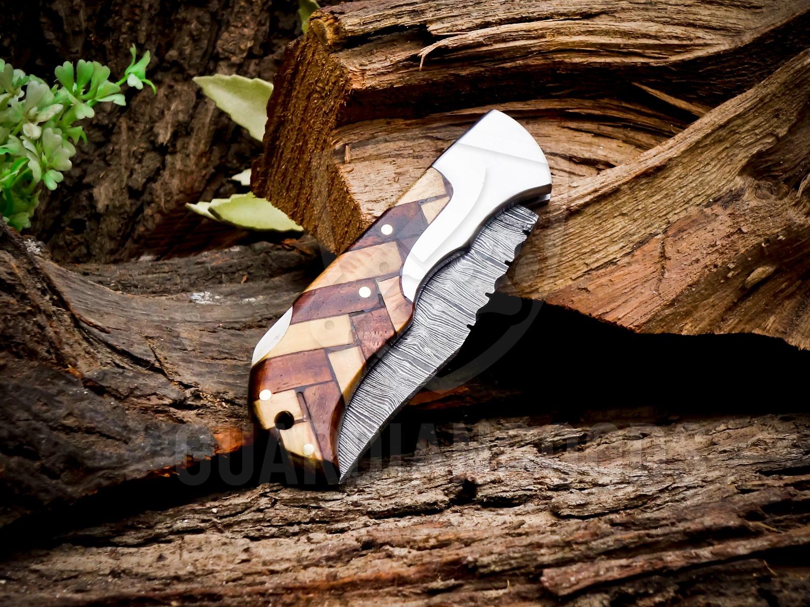 Personalized Handmade 6.75"Damascus Steel Pocket Knife, Folding EDC Hunting Knife, Wood Handle, Groomsmen Gift With Leather Sheath
