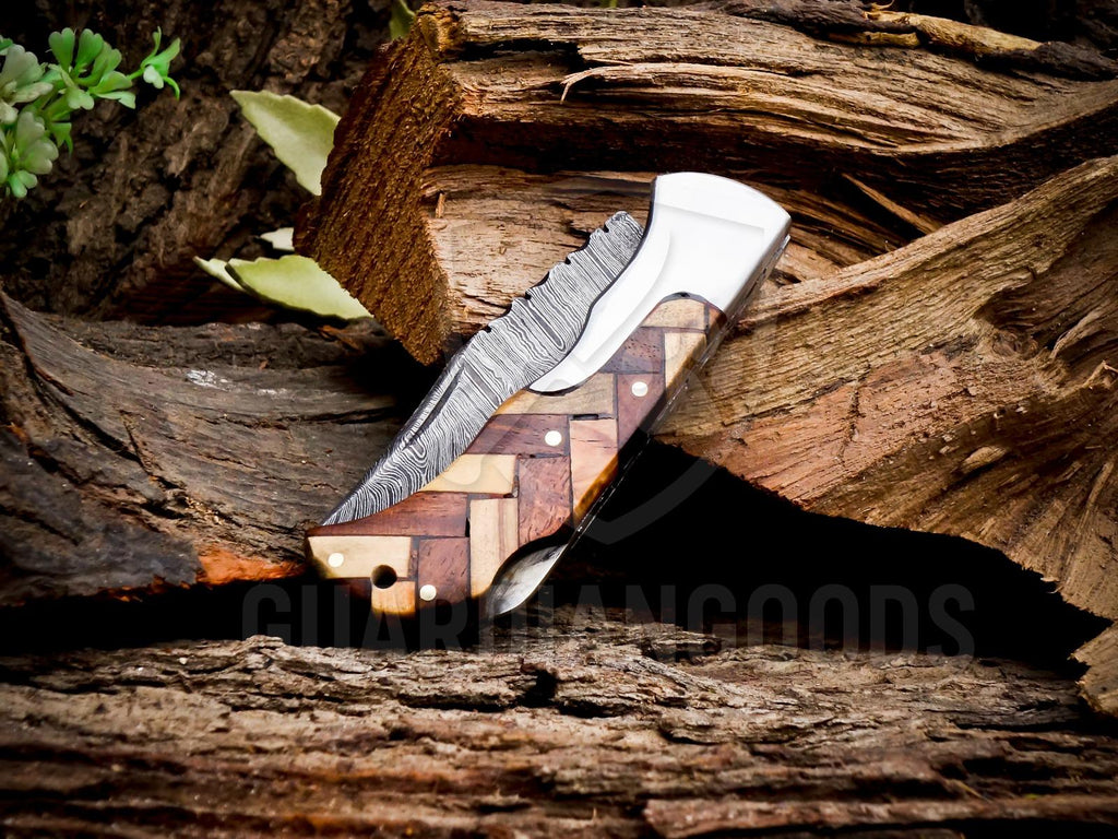 Personalized Handmade 6.75"Damascus Steel Pocket Knife, Folding EDC Hunting Knife, Wood Handle, Groomsmen Gift With Leather Sheath