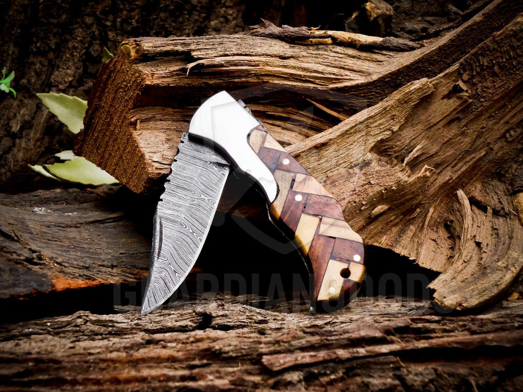 Personalized Handmade 6.75"Damascus Steel Pocket Knife, Folding EDC Hunting Knife, Wood Handle, Groomsmen Gift With Leather Sheath