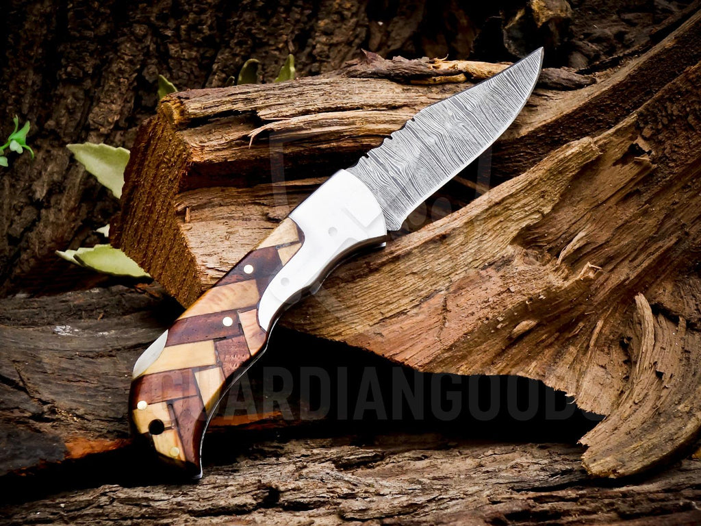Personalized Handmade 6.75"Damascus Steel Pocket Knife, Folding EDC Hunting Knife, Wood Handle, Groomsmen Gift With Leather Sheath