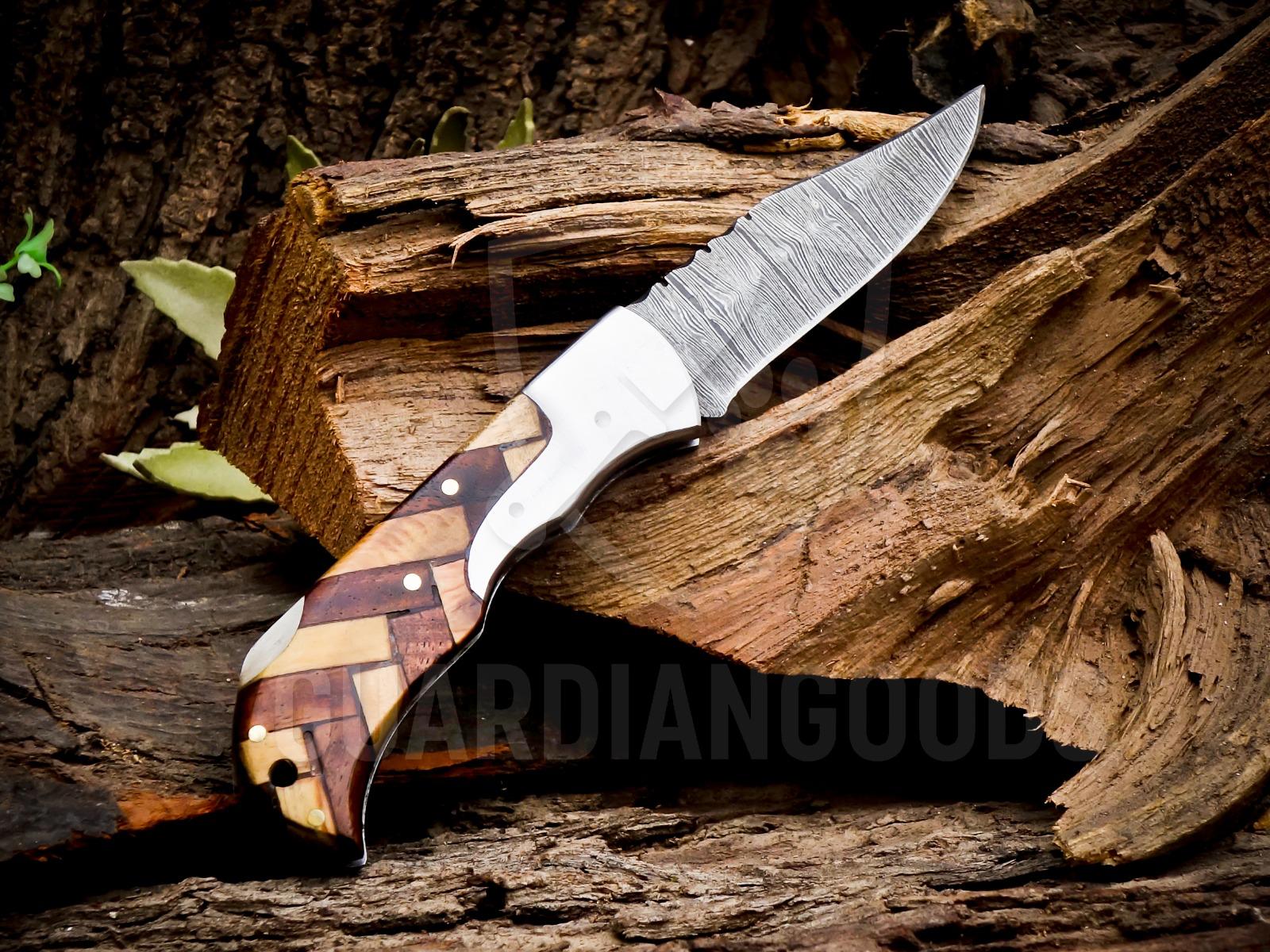 Personalized Handmade 6.75"Damascus Steel Pocket Knife, Folding EDC Hunting Knife, Wood Handle, Groomsmen Gift With Leather Sheath