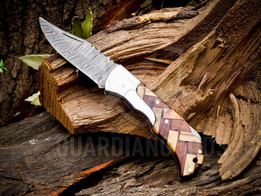 Personalized Handmade 6.75"Damascus Steel Pocket Knife, Folding EDC Hunting Knife, Wood Handle, Groomsmen Gift With Leather Sheath