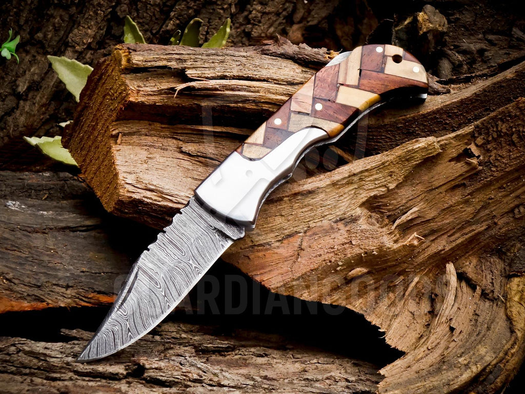 Personalized Handmade 6.75"Damascus Steel Pocket Knife, Folding EDC Hunting Knife, Wood Handle, Groomsmen Gift With Leather Sheath