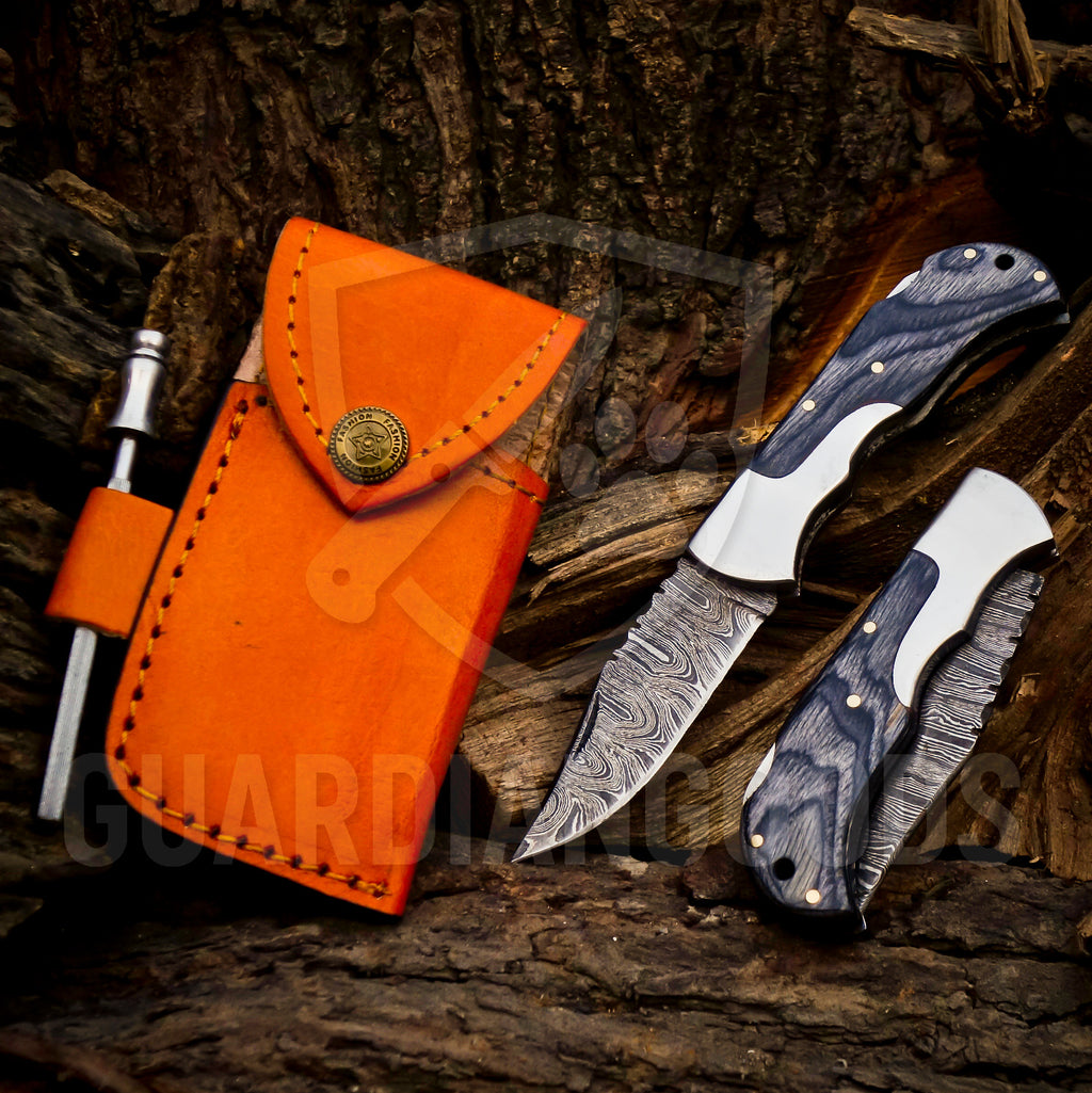 Personalized Handmade 6.75"Damascus Steel Pocket Knife, Folding EDC Hunting Knife, Wood Handle, Groomsmen Gift With Leather Sheath
