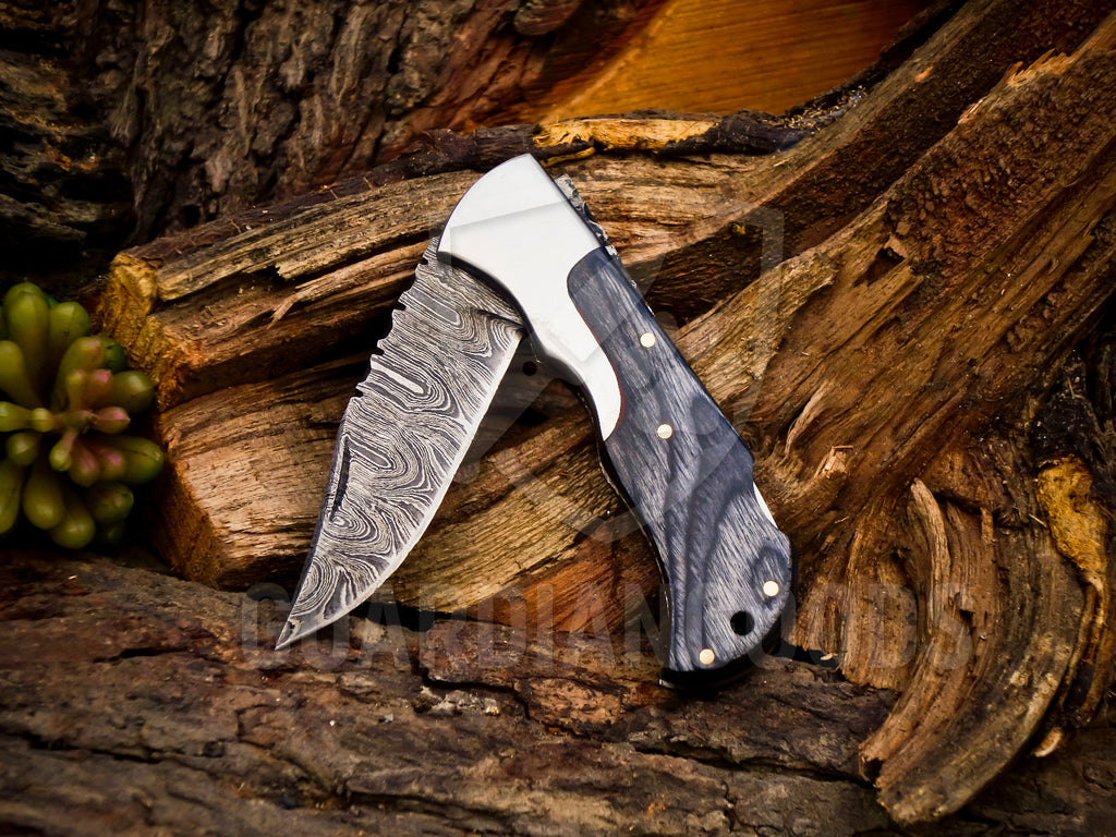 Personalized Handmade 6.75"Damascus Steel Pocket Knife, Folding EDC Hunting Knife, Wood Handle, Groomsmen Gift With Leather Sheath