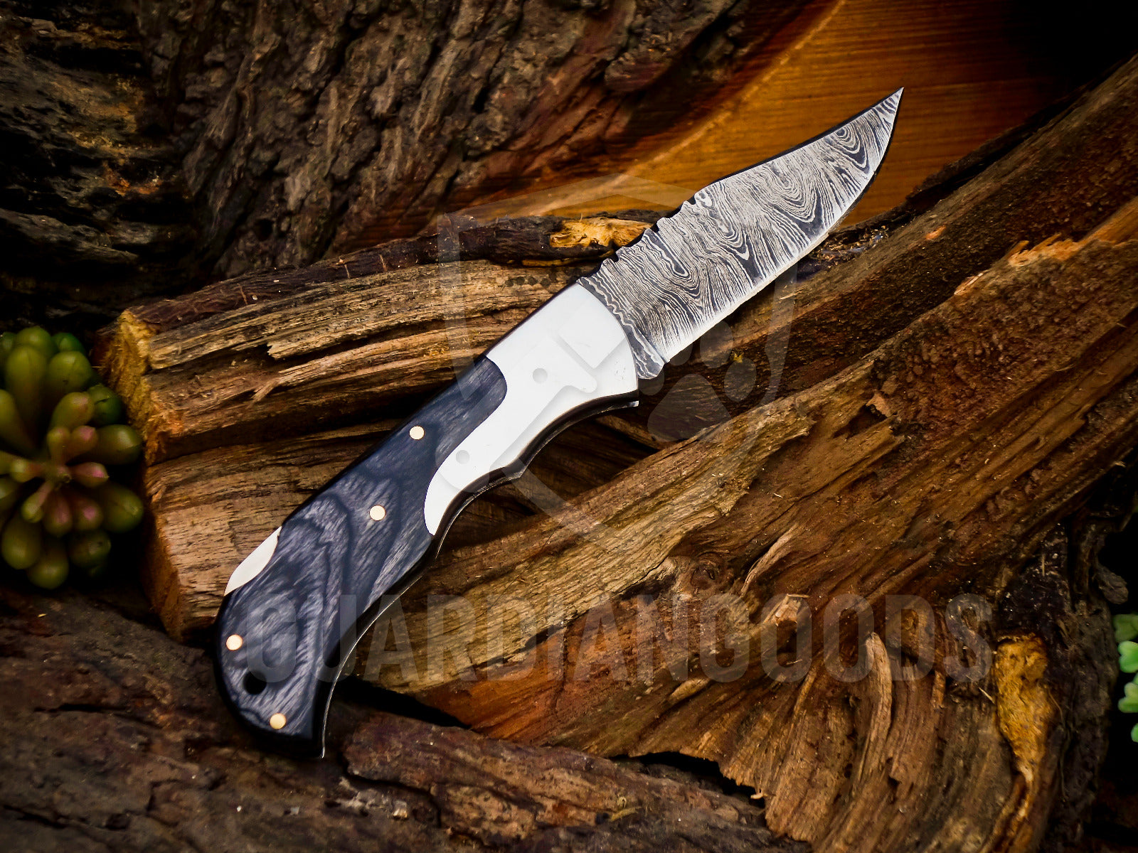 Personalized Handmade 6.75"Damascus Steel Pocket Knife, Folding EDC Hunting Knife, Wood Handle, Groomsmen Gift With Leather Sheath
