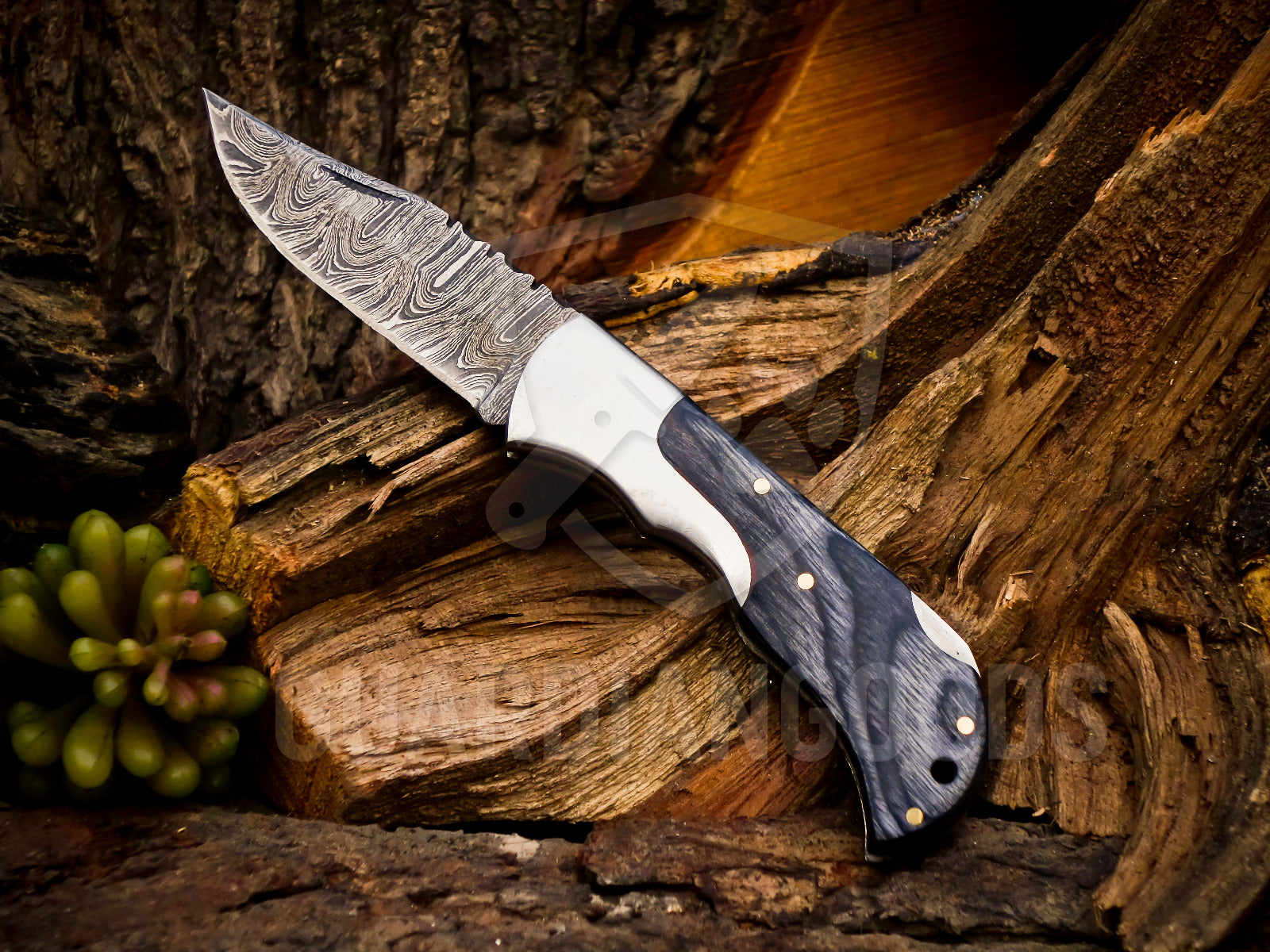 Personalized Handmade 6.75"Damascus Steel Pocket Knife, Folding EDC Hunting Knife, Wood Handle, Groomsmen Gift With Leather Sheath